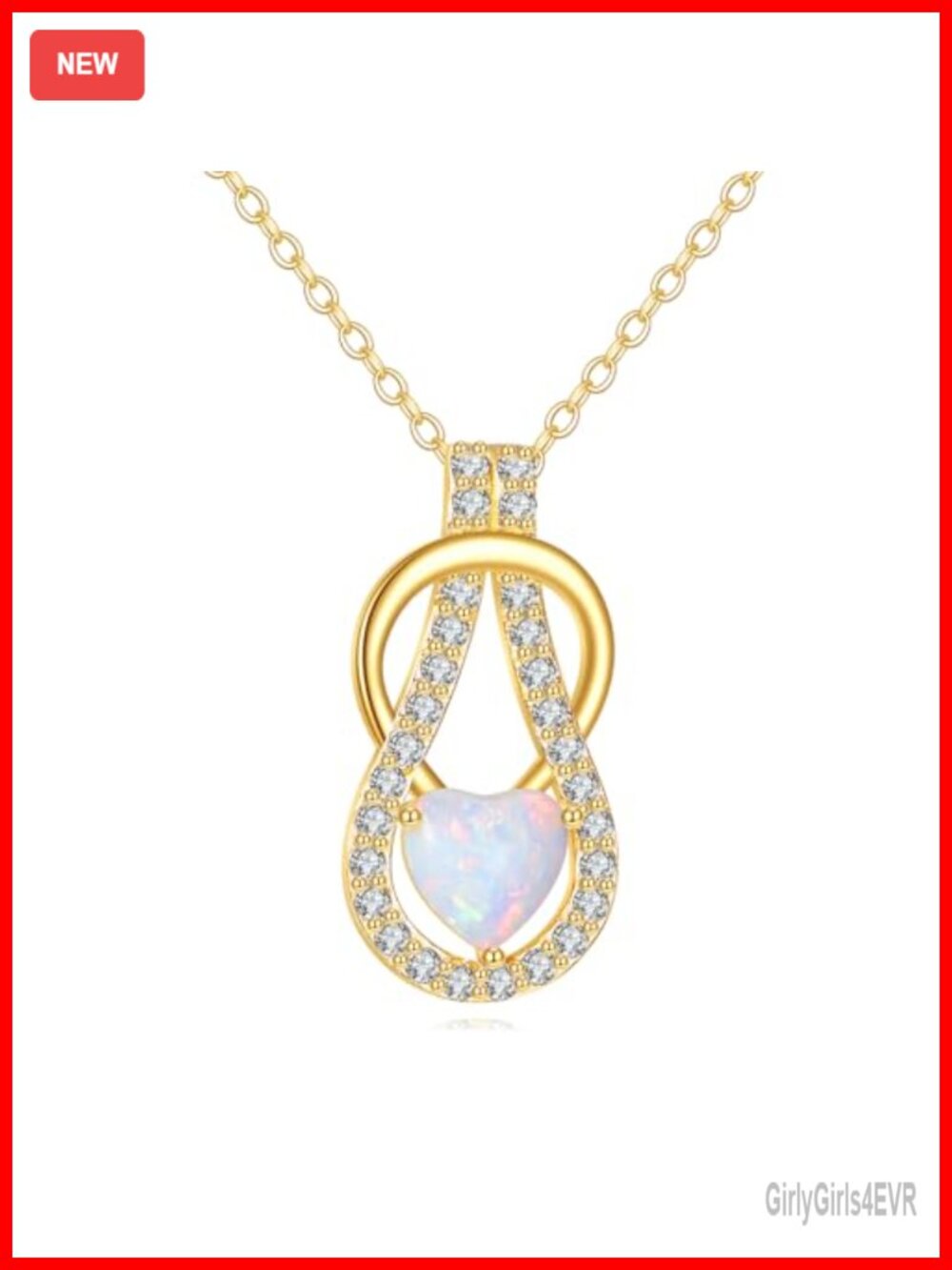 14K Solid Gold Opal Infinity Heart Necklace 16-18 Inch Adjustable
